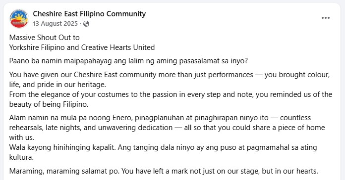 A Facebook post of kind gratitude from our friends in the Cheshire East Filipino